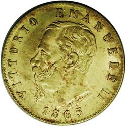 Vittorio Emanuele II gold 5-Lire 1865-T BN, KM-17, supe 