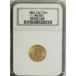 Vittorio Emanuele II gold 10-Lire 1863-T BN, apparently 