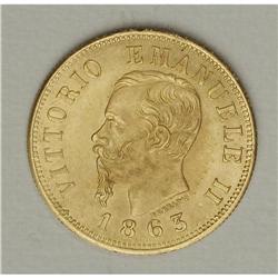 Vittorio Emanuele II gold 10-Lire 1863-T BN, apparently 
