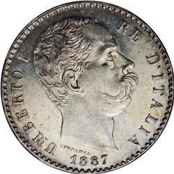 Umberto I silver 2-Lire 1887-R, KM-23, prooflike UNC, l 