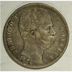 Umberto I silver 5-Lire 1879-R, KM-20, Choice VF, old g 