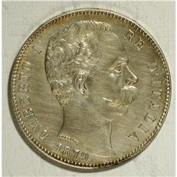 Umberto I silver 5-Lire 1879-R, KM-20, lightly cleaned 