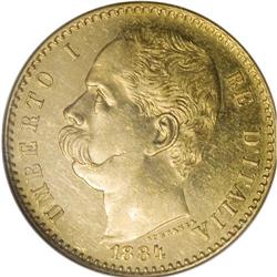 Umberto I gold 50-Lire 1884-R, KM-25, MS62 NGC, a proof 