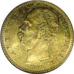 Umberto I gold 100-Lire 1888-R, KM-22, MS61 NGC, proofl 