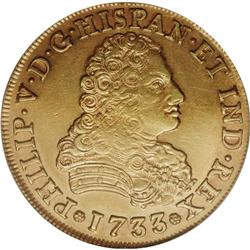 Philip V gold 8 Escudos 1733-Mo F, KM-148, AU53 ICG. Ve 