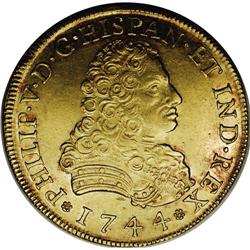 Philip V gold 8 Escudos 1744-Mo MF, KM-148, pleasing XF 