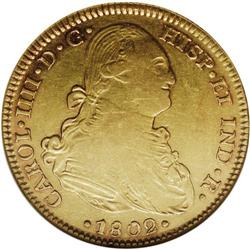 Charles IIII portrait gold 4 Escudos 1802-Mo FT, KM-144 