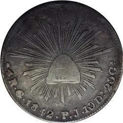 Cap and Rays silver 4 Reales 1842-Go PJ, KM-375.4, rare 