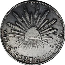 Cap and Rays silver 4 Reales 1852-Ga JG, KM-372.5, rare 