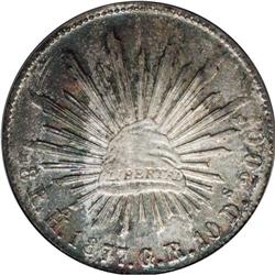 Cap and Rays silver 8 Reales 1877-Ho GR, KM-377.9, MS62 