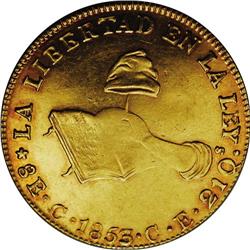 Hand on Book gold 8 Escudos 1853/1-C CE, KM-383.2, XF w 