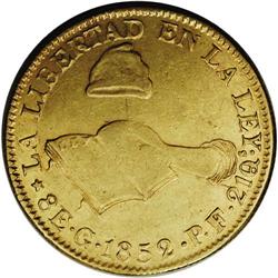 Hand on Book gold 8 Escudos 1852-Go PF, KM-383.7, XF, w 