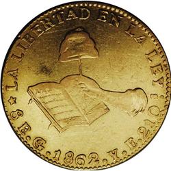 Hand on Book gold 8 Escudos 1862-Go YE, KM-383.7, lustr 
