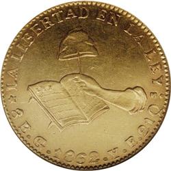 Hand on Book gold 8 Escudos 1862-Go YE, KM-383.7, lustr 