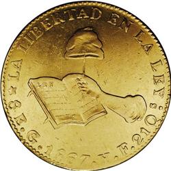 Hand on Book gold 8 Escudos 1867/57-Go YE, KM-383.7, lu 