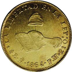 Hand on Book gold 8 Escudos 1864-Ho FM/PR, KM-383.8, Ch 