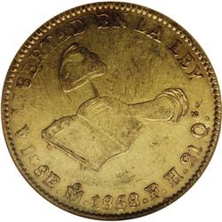 Hand on Book gold 8 Escudos 1858-Mo FH, KM-383.9, XF40 