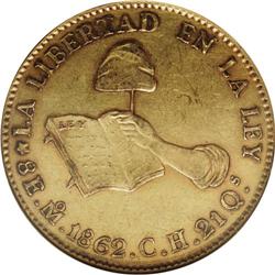 Hand on Book gold 8 Escudos 1862-Mo CH, KM-383.9, AU50 