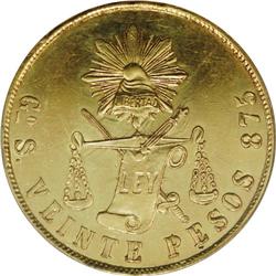 Republic gold 20 Pesos 1872-Go S, KM-414.4, AU55 PCGS, 