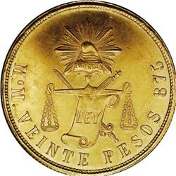 Republic gold 20 Pesos 1872-Mo M, KM-414.6, lustrous AU 