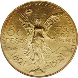 Estados Unidos gold 50 Pesos 1921, KM-481, MS62 NGC, li 