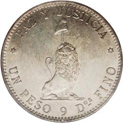 Republic Peso 1889, KM5, MS63 NGC, fully lustrous with 