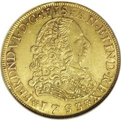 Ferdinand VI gold 8 Escudos 1753-J, KM50, AU55 NGC, lig 
