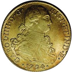 Charles IIII gold 8 Escudos 1794-IJ, KM101, nice lustro 