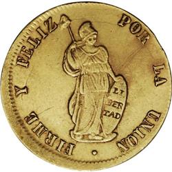 Republic gold 2 Escudos 1854-MB Lima, KM149.2, nice AU, 