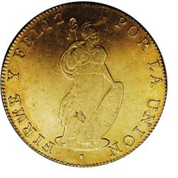 Republic gold 8 Escudos 1835-B Cuzco, KM148.3, lightly 