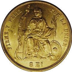 Republic gold 8 Escudos 1863-YB, KM183, brilliant UNC, 