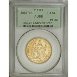 Republic gold 10 Soles 1863-YB, KM193, AU58 PCGS, sharp 
