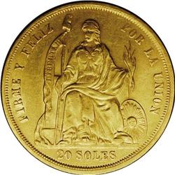 Republic gold 20 Soles 1863-YB, KM194, nice AU, virtual 
