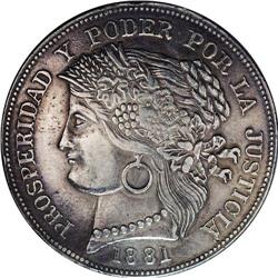 Republic 5 Pesetas 1881-B Ayacucho, KM201.3, toned XF, 