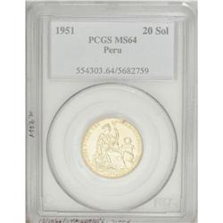 Republic gold 20 Soles - Choice Pair, KM229, 1951 MS64 