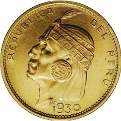 Republic gold 50 Soles 1930, KM219, nice AU, tiny edge 