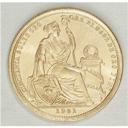 Republic gold 50 Soles 1961, KM230, choice brilliant UN 