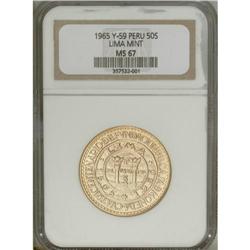 Republic gold 50 Soles 1965, KM242, MS67 NGC, struck to 