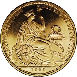 Republic gold 50 Soles 1969, KM230, superb prooflike UN 