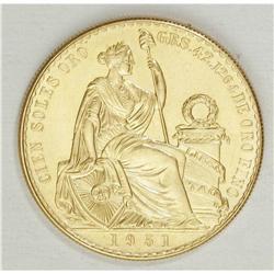 Republic gold 100 Soles 1951, KM231, choice brilliant U 