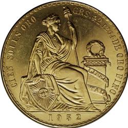 Republic gold 100 Soles 1952, KM231, choice prooflike U 