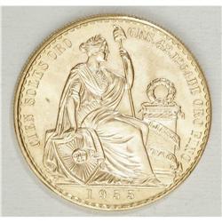Republic gold 100 Soles 1955, KM231, choice BU, mintage 
