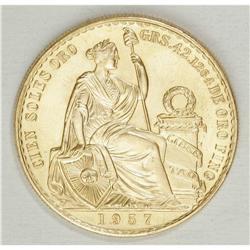Republic gold 100 Soles 1957, KM231, gem BU, a premium 