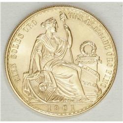 Republic gold 100 Soles 1961, KM231, choice BU. 