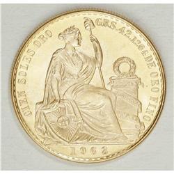 Republic gold 100 Soles 1963, KM231, gem BU, a particul 