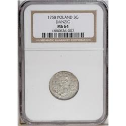 Danzig. August III 3 Grosze 1758, KM104, MS64 NGC, a fu 