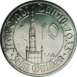 Danzig Free City nickel 10 Gulden 1935, KM-159, very ra 