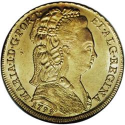 Maria I gold 4 Escudos 1799, KM299, MS64 NGC, a superb 