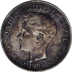 Alfonso XIII Peso 1895 PGV, KM-24, XF with old dark gra 