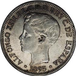 Alfonso XIII Peso 1895 PGV, KM-24, XF, light silvery gr 
